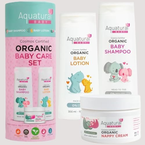 Organic Baby Essentials Bath Care Set - Certified Organic Baby Shampoo, Lotion & Nappy Cream - Dermatologist Tested, Newborn Safe, Gentle & Nourishing by Aquatural