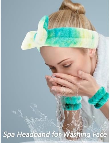 VELSCRUN Spa Headband, Makeup Face Wash Skincare Headbands, 6 Pcs Green Colorful Sponge Bow Tie Get Ready HairBand Facial Wristband Set, Stuff for Teen Girls Women Trendy Fashion Hair Accessories - Image 2