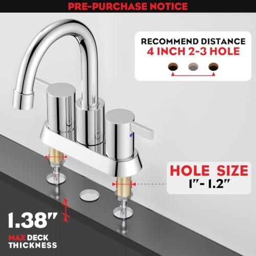 Phiestina 4 Inch Centerset 2 or 3 Holes 2 Handle Chrome Lead-Free Bathroom Faucet, Swivel Spout with Copper Pop Up Drain and 2 Water Supply Lines, BF015-1-C - Image 6