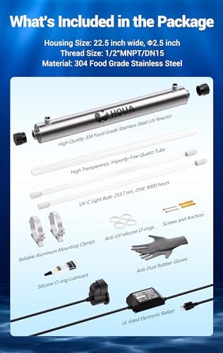 HQUA-OWS-6 120V 25W 1/2" MNPT Inlet/Outlet Small House,Kitchen Ultraviolet Water Purifier Filter, + 1 Extra UV Lamp - Image 5