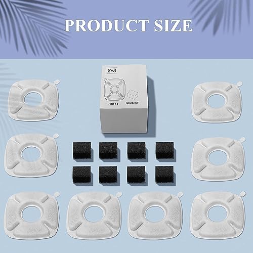 16 Pcs Cat Fountain Replacement Filters：8 Pack Cat Water Fountain Replacement Filters & 8 Pack Pre-Filter Sponges, Pet Fountain Filter Fit for 95oz/2.8L Automatic Pet Fountain Cat Water Fountain - Image 6