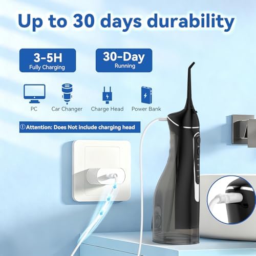 Cordless Portable Water Flosser with 300ML Tank: Rechargeable Oral Irrigator with 5 Tips for Travel, Braces Care and Sensitive Gums, IPX7 Waterproof Teeth Cleaning Device(Black) - Image 5