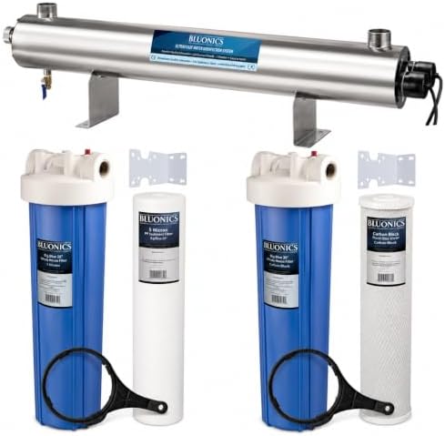Bluonics Whole House Water Filter System for Well Water, 3 Stage Sediment Carbon Filters with 110W UV Light, 24 GPM, 20 x 4.5 Housings, 1 in NPT by BLUONICS