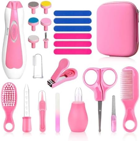Qunlions life Baby Grooming Kit, Infant Safety Care Set with Hair Brush Comb Nail Clipper Nasal Aspirator,Baby Essentials Kit for Newborn Girls Boys, Pink-24- in-1 by Qunlionslife