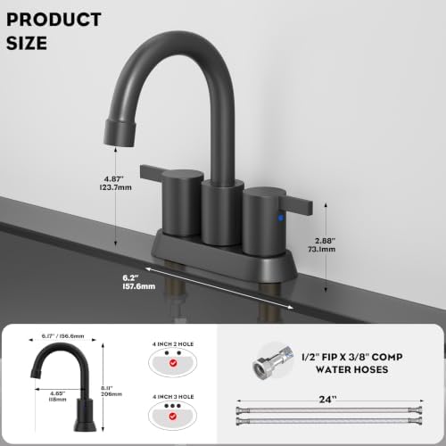 Phiestina 4 Inch 2 Handle Centerset Matte Black Lead-Free Modern Bathroom Faucet, 360 Swivel Spout 2-3 Hole RV Bathroom Vanity Sink Faucet with Pop Up Drain and Water Supply Lines,BF015-1-MB - Image 6