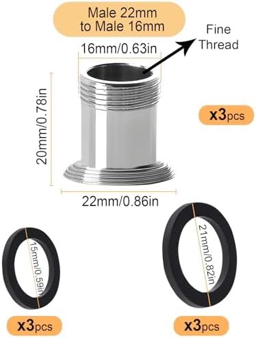 3 pcs Faucet Adapter Kit, CNYMANY Heighten Male M22mm to Male M16mm-H Fine Thread Kitchen Aerator Adapter Set Sink Faucet Adapter Connecting Garden Hose Water Filter Standard Hose via Diverter - Image 2