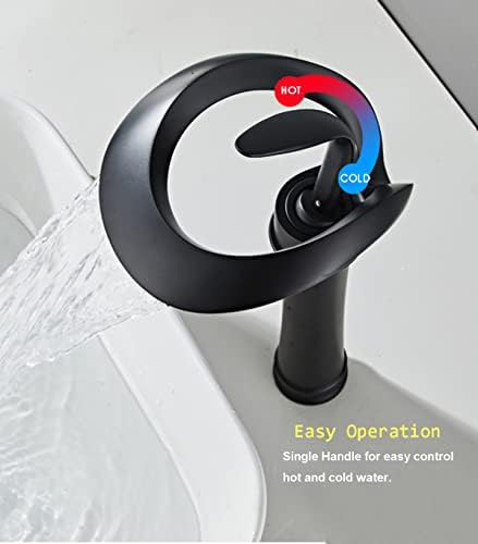 Black Bathroom Vessel Faucet Round Creative Hollowed Design Waterfall Spout - Image 5