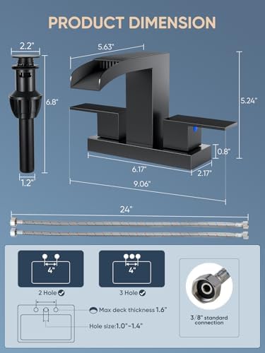 Cobbe Waterfall Bathroom Faucet, Matte Black 4 Inch Centerset, 2 Pack - Image 7
