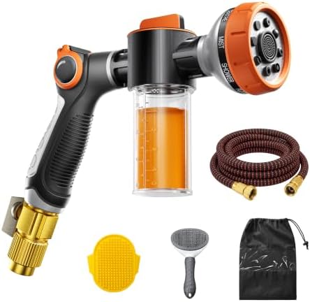 Upgrade Dog Washing Hose Attachment -8 Pet Shower Sprayer, Easy Control Hose Nozzle with Shower Adapter & Soap Dispenser & Dog Comb & Pet Bath Brush & Storage Bag for Pet Shower/Garden/Car Wash by Unknown