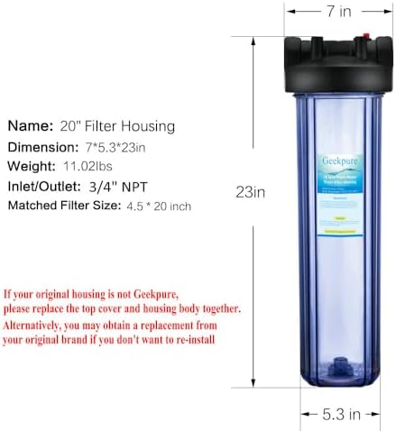Geekpure 20 Inch Whole House Clear Water Filter Housing-Fit 4.5 x 20 Inch Filters-3/4 Port - Image 4