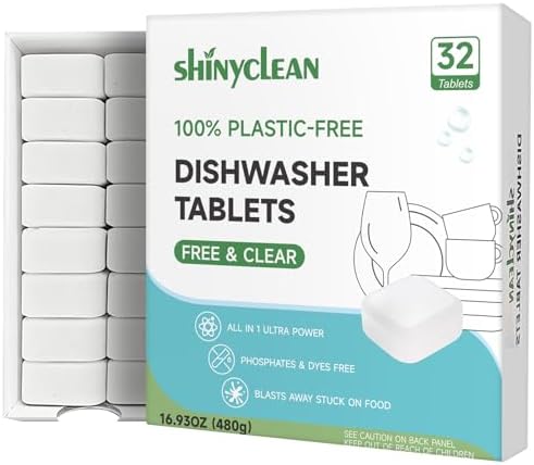 100% Plastic-Free Dishwasher Tablets, Free & Clear, 32 Count by Shinyclean