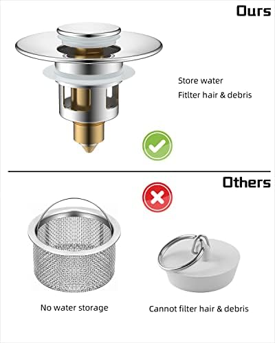 Hibbent All Metal Universal Bathroom Sink Stopper for 1.1''~2.3'' Basin, Pop Up Sink Drain Strainer, Brass Bullet Core Push Type Stopper, Stainless Steel Anti Clogging Drain Filter, Chrome - Image 6
