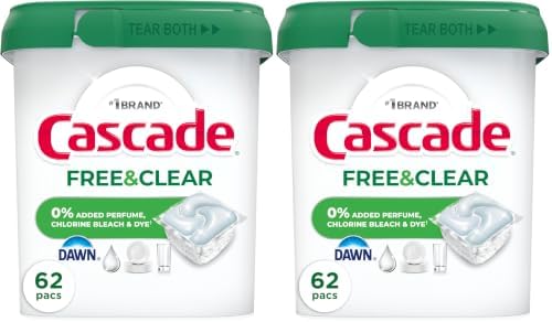 Cascade Free & Clear Dishwasher Pods, Dishwasher Detergent, Dish Detergent Soap, Unscented, 62 Count (Pack of 2) by Cascade