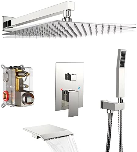 Chrome Shower System Rain Faucet Set with Tub Spout, 10 inch by Dlvsoby