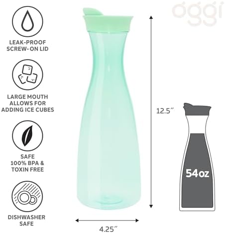 OGGI Clear Carafe w/Flip Open Lid - Ideal Juice Bottle, Clear Pitcher with Lid, Tea Pitcher, Water Carafe, 1.6 Lt(54Oz), Green Tint - Image 6