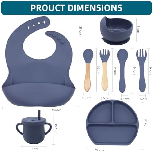 100% Silicone Baby Feeding Set, BPA Free Baby Dishes with Suction Bowl, Divided Plate, Toddler Self Feeding Dish Set with Spoons, Forks, Sippy Cup and Bib, Baby Eating Utensils (Navy Blue) - Image 2
