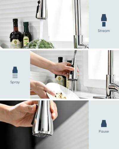Kitchen Faucet with Pull Down Sprayer and Soap Dispenser, Chrome 304 Stainless Steel Single Handle with 3 Spray Modes, 18-Inch Hose, 10-Inch Deck Plate - Image 4