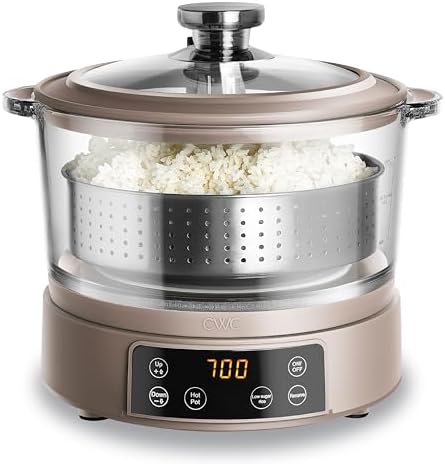 COOK WITH COLOR Glass Mini Low Carb Rice Cooker – Holds 2 Cups Raw/Makes 6 Cups Cooked with Auto Lift Filter Basket, Hotpot & Steamer for Rice, Grains, Digital Panel with Keep Warm, Goat/Mink by CookwithColor