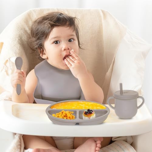 100% Silicone Baby Feeding Set, BPA Free, 9 Pcs: Suction Bowl, Divided Plate, Toddler Self Feeding Dish Set with Spoons, Forks, Sippy Cup, Bib, Beige - Image 6