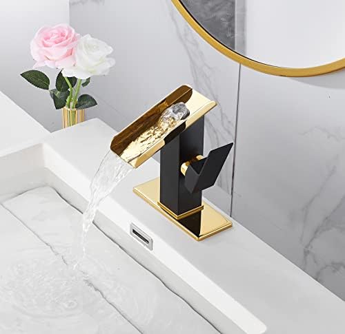 Bathroom Sink Faucet Black Gold 1 Hole Single Handle Waterfall Open Spout Bath Faucets Brass Sinks Lavatory Bath Vanity Faucets Basin Mixer Tap Supply Line Golden Hole Cover Plate - Image 2