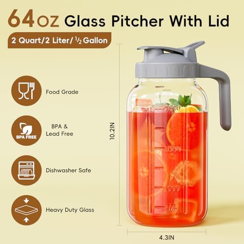 JunVpic Glass Pitcher with lid, 64 oz Wide Mouth Mason Jar - Image 2