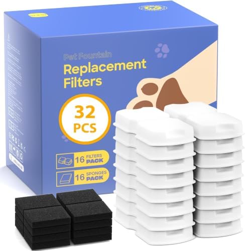 GIOTOHUN Cat Water Fountain Filter Replacement: 32 Cat Fountain Filter - 16 Filters & 16 Sponges - 8 Months Set of 32 Pet Fountains Filters for ATMZIQXR GIOTOHUN KOOGMOON UMOCUOY IHOUONE HOOISE by GIOTOHUNPetLife