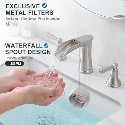 8 Inch Brushed Nickel Bathroom Faucet Widespread, Brass Waterfall Faucet for Bathroom Sink 3 Hole 2 Handle with Pop up Drain & Pre-Installed cUPC Supply Pipe for Restroom, 10 Mins Install - Image 2