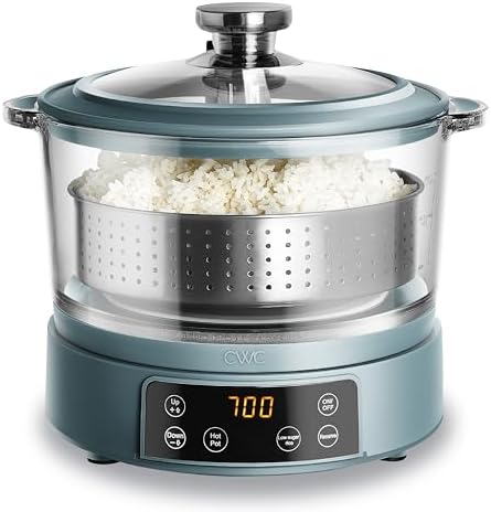COOK WITH COLOR Glass Mini Low Carb Rice Cooker – Holds 2 Cups Raw/Makes 6 Cups Cooked with Auto Lift Filter Basket, Hotpot & Steamer for Rice, Grains, Digital Panel with Keep Warm, Slate Blue by CookwithColor