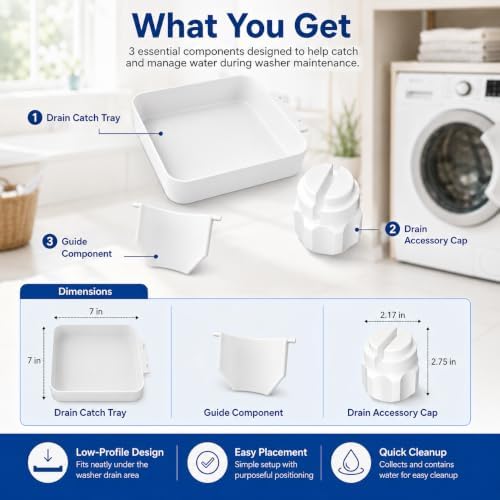 Universal Front Load Washer Drain Pan Kit, 7 x 7 Inch Low-Profile Washing Machine Drain Tray with Drain Accessory Cap and Guide Component, PE Water Catch Pan for Filter Cleaning and Maintenance - Image 5