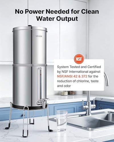 VEVOR Gravity-fed Water Filter System, 2.25G 304 Stainless-Steel Countertop Water Filtration System, Reduces Lead and up to 99% of Chlorine, w/ 2 Carbon Filter, Spigot, Stand - Image 2