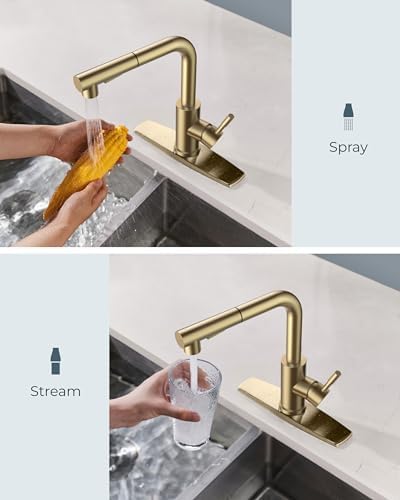 FORIOUS Kitchen Faucet with Pull Out Sprayer, Single Handle, Brushed Gold - Image 3