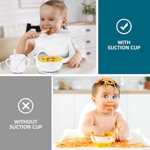 9pc BPA Free Silicone Baby Feeding Set - White: Suction Bowl, Divided Plate, Sippy Cup, Bib, Spoons, Forks - Baby Eating Utensils - Image 5