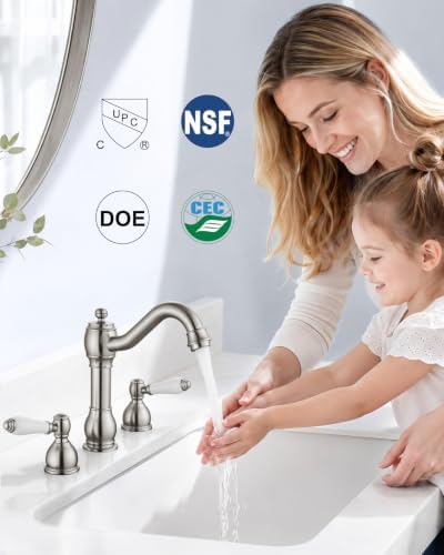 Aolemi Widespread Bathroom Sink Faucet 3 Hole White Lever Brushed Nickel - Image 4