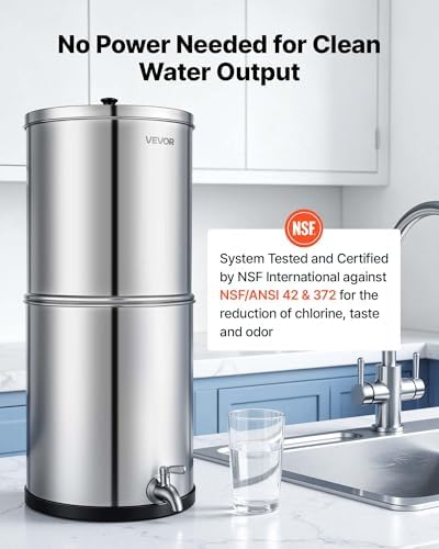 VEVOR Gravity-fed Water Filter System, 3G 304 Stainless-Steel Countertop Water Filtration System, Reduces Lead and up to 99% of Chlorine, with 2 Ceramic Carbon Filters, and Spigot, for Home Camping RV - Image 2