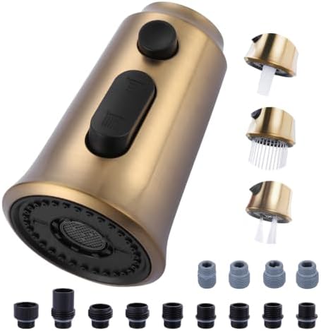 WOWOW Kitchen Faucet Head Replacement, 3 Function Pull Down Faucet Sprayer Head with 13 Adapters, Brushed Gold Kitchen Sprayer Nozzle Compatible with Moen, Delta, Kohler Faucets by WOWOW