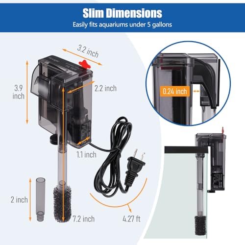 HOB Slim Aquarium Filter for Up to 5 Gallon Tank Ultra-Quiet Fish Tank Power Filter Flow Adjustable Suitable for Saltwater and Freshwater 42 GPH 3W - Image 2