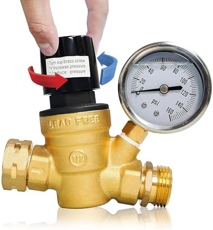 Hourleey RV Water Pressure Regulator, Adjustable Handle Brass Water Pressure Regulator, Water Pressure Reducer with Gauge and Inlet Screened Filter for RV Camper Travel Trailer by Hourleey