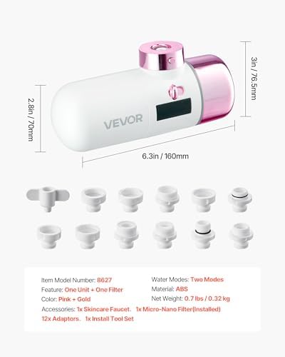 VEVOR Skincare Water Filter, Faucet Mount Water Filters with Micro-Nano Bubble for Skin, Sink Tap Purifier, Removes Chlorine with 1 Filter, for Kitchen and Bathroom Faucets, Pink + Gold - Image 7