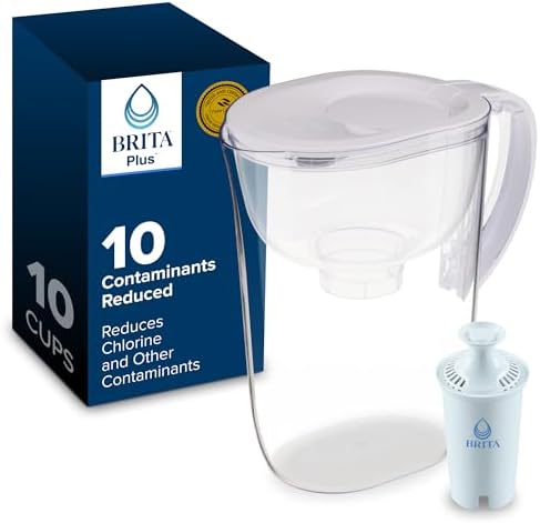 Brita Large 10-Cup Water Filter Pitcher with BritaPlus Filter, WQA NSF/ANSI Certified, Reduces 2X Contaminants vs. Standard, Removes Chlorine Taste & Odor, Reduces Zinc Copper Mercury & More, Clear by Brita