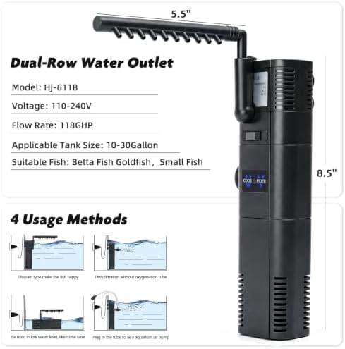TARARIUM Small Aquarium Filter U-V for 10-30 Gallon Tank,118GPH Fish Tank Filters for Betta Fish Tank Green Clean Machine, Internal Pump Filter for Turtle Tank Saltwater Freshwater Crystal Clear - Image 7