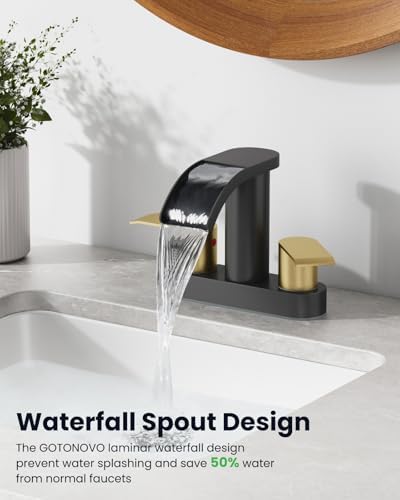 gotonovo 4’’ Centerset Bathroom Sink Faucet Waterfall Black&Brushed Gold - Image 4