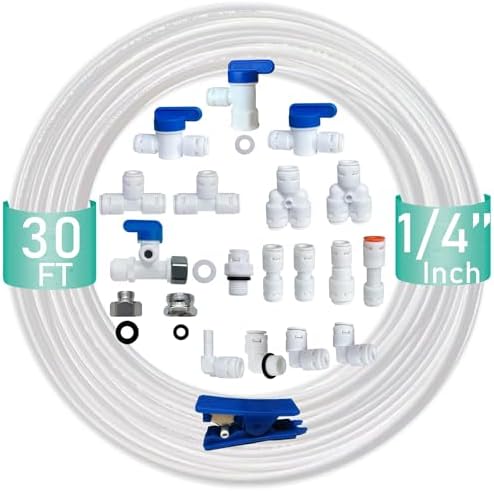 ESHIONG NSF Certified 1/4" O.D. Push to Connect Fittings for RO (Reverse Osmosis) Water Filter（with Shut-Off T Valve）18 pcs+30 feet 1/4" Water tubing. by ESHIONG