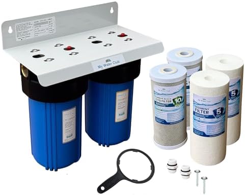 Dual Stage 10″ x 4.5″ Whole House Water Filtration System – 1″ NPT, Pressure Release, Brass Inserts – Includes Sediment & CTO Carbon Block, Extra Replacement Filter Set by MyWaterClub