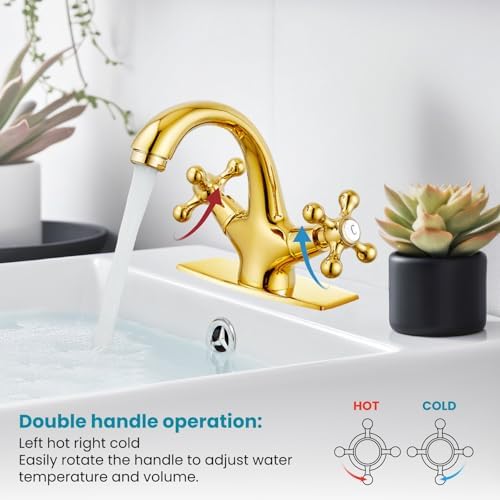 gotonovo Bathroom Sink Faucet 1 Hole Double Cross Handle, Polish Gold - Image 5