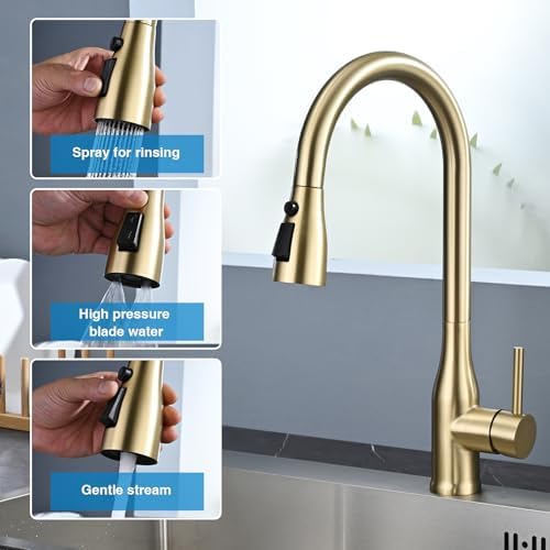 Metal Kitchen Faucet Head Replacement, 3 Functions Kitchen Faucet Head High Pressure, Brushed Gold Pull Down Kitchen Sink Sprayer Replacement with 9 Adapters Compatible with Most Faucets - Image 4