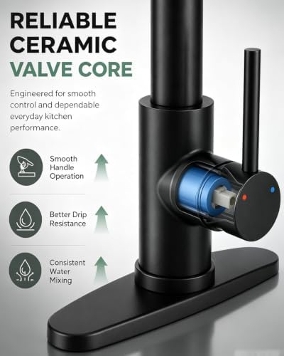 Matte Black Kitchen Faucet with Pull-Down Sprayer — Commercial Spring High-Arc Single-Handle Sink Faucet, Fits 1 or 3 Hole for Farmhouse, Bar, Camper and Laundry Room - Image 6