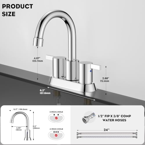 Phiestina 4 Inch Centerset 2 or 3 Holes 2 Handle Chrome Lead-Free Bathroom Faucet, Swivel Spout with Copper Pop Up Drain and 2 Water Supply Lines, BF015-1-C - Image 5