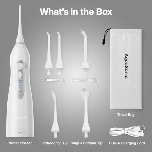 AquaSonic Aqua Flosser PRO - Rechargeable Electric Cordless Water Flosser for Teeth, Gums & Tongue - Waterproof Modern Design, 300ml Large Tank, 3 Modes, 6 Jet Tips, Deluxe Tongue Nozzle - Optic White - Image 6