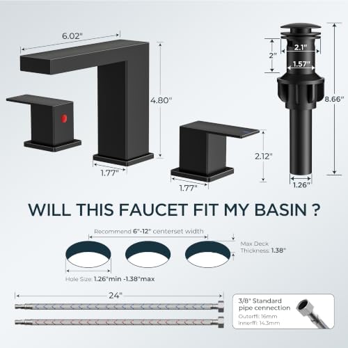 FORIOUS Waterfall Black Bathroom Faucet 3 Hole, 8 Inch Widespread Faucets - Image 2