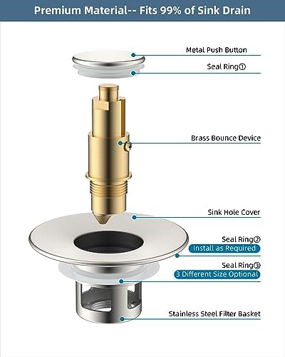 Hibbent All Metal Universal Bathroom Sink Stopper for 1.1''~2.3'' Basin, Pop Up Sink Drain Strainer, Brass Bullet Core Push Type Stopper, Stainless Steel Anti Clogging Drain Filter, Brushed Nickel - Image 5